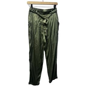 Alya Army Green Satin Look Belted Cuffed Ankle Pant Small